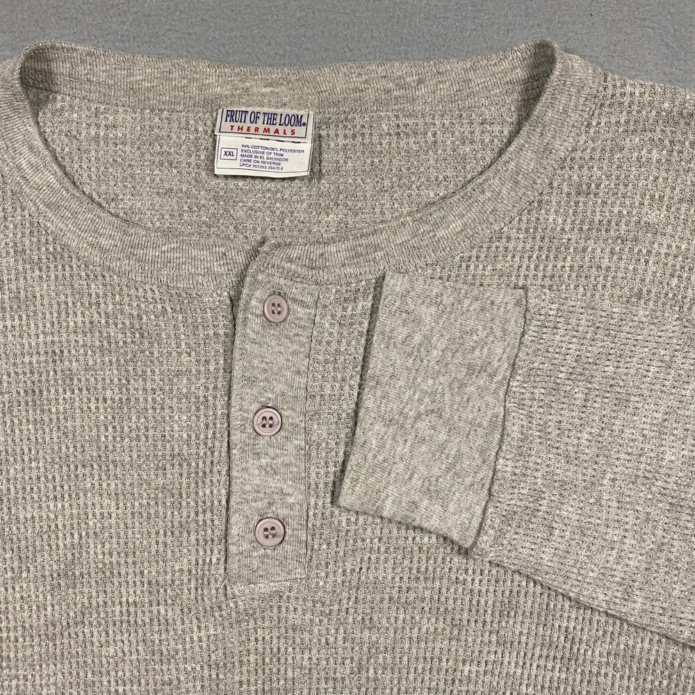 Fruit of the Loom Mens XXL Grey Waffle Knit Thermal Henley Long Sleeve Shirt
